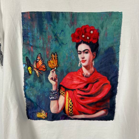 Classic Blue Jeans Womens Frida Kahlo Print Ruffle Short Sleeve White Top Small - Picture 5 of 9